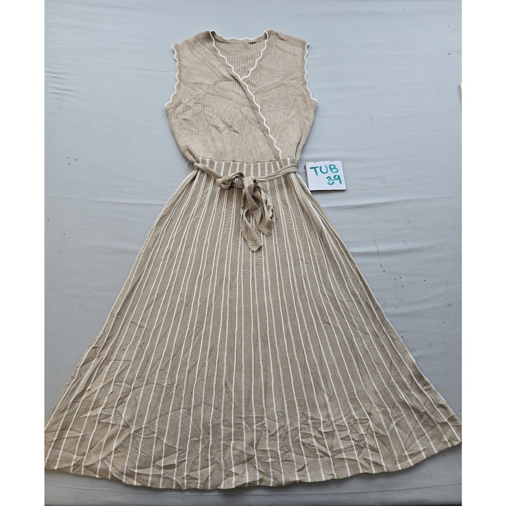 Sleeveless Knit Wrap Midi Dress Tan White Striped Scalloped Trim Pleated Skirt